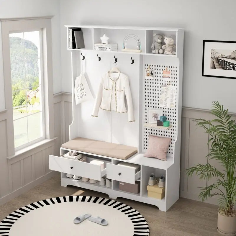 Porte-manteau d'entrée avec banc rembourré amovible et étagères de rangement