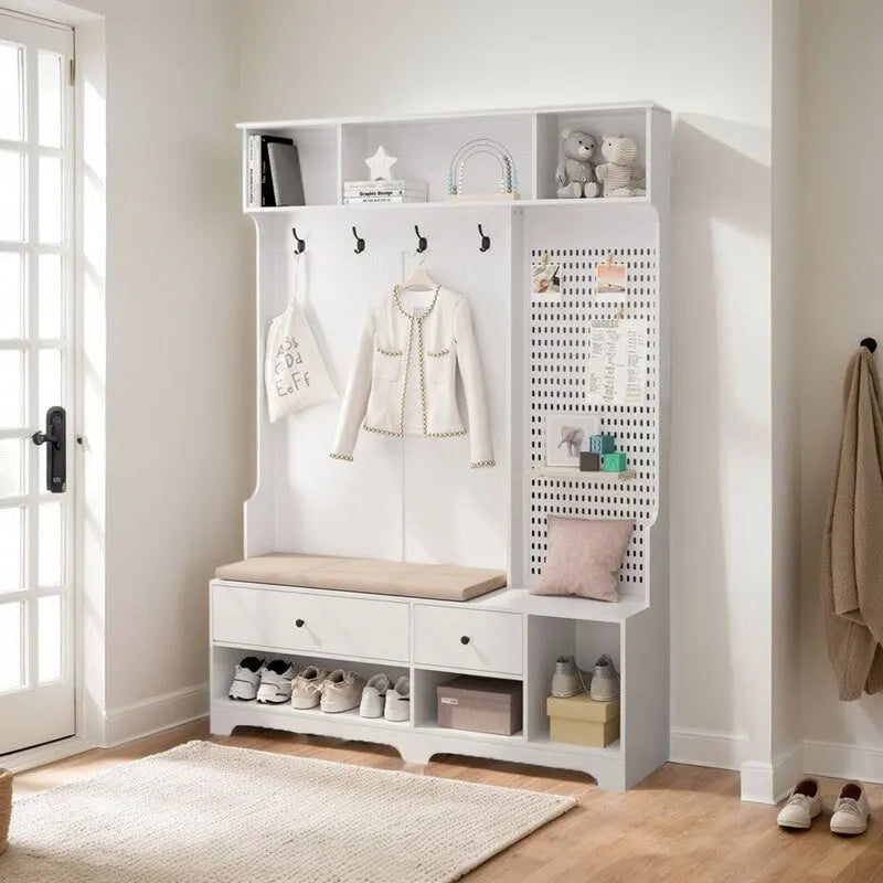 Porte-manteau d'entrée avec banc rembourré amovible et étagères de rangement