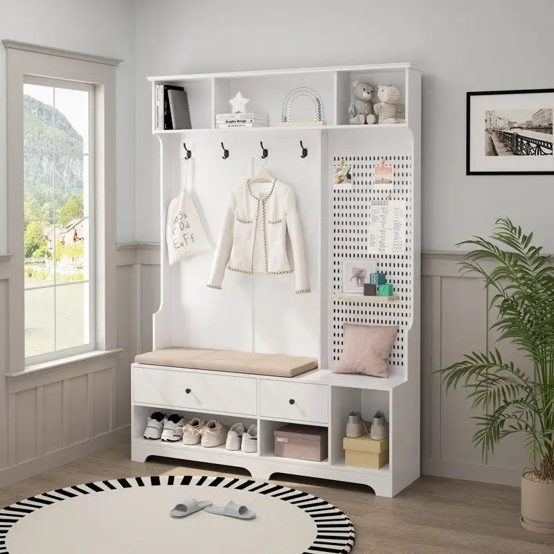 Porte-manteau d'entrée avec banc rembourré amovible et étagères de rangement