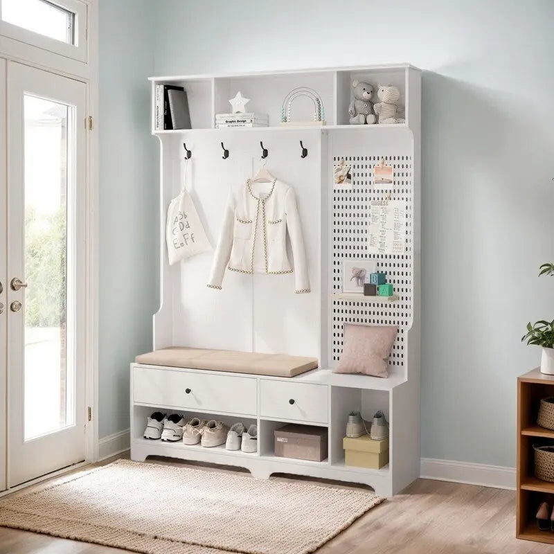 Porte-manteau d'entrée avec banc rembourré amovible et étagères de rangement