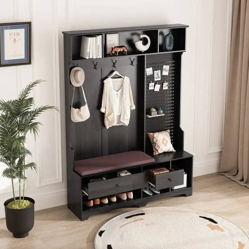 Porte-manteau d'entrée avec banc rembourré amovible et étagères de rangement