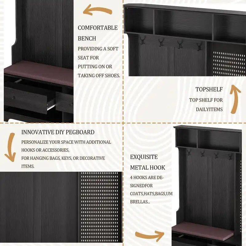 Porte-manteau d'entrée avec banc rembourré amovible et étagères de rangement