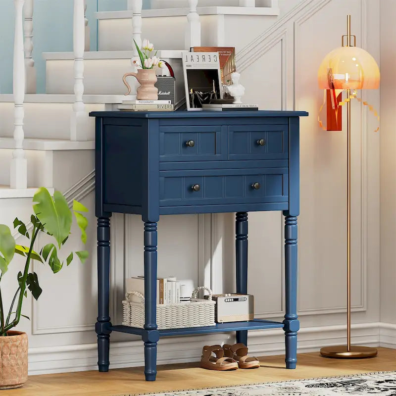 TIROIRS MULTIFONCTIONS ET ÉTAGÈRE INFÉRIEURE : Table console étroite