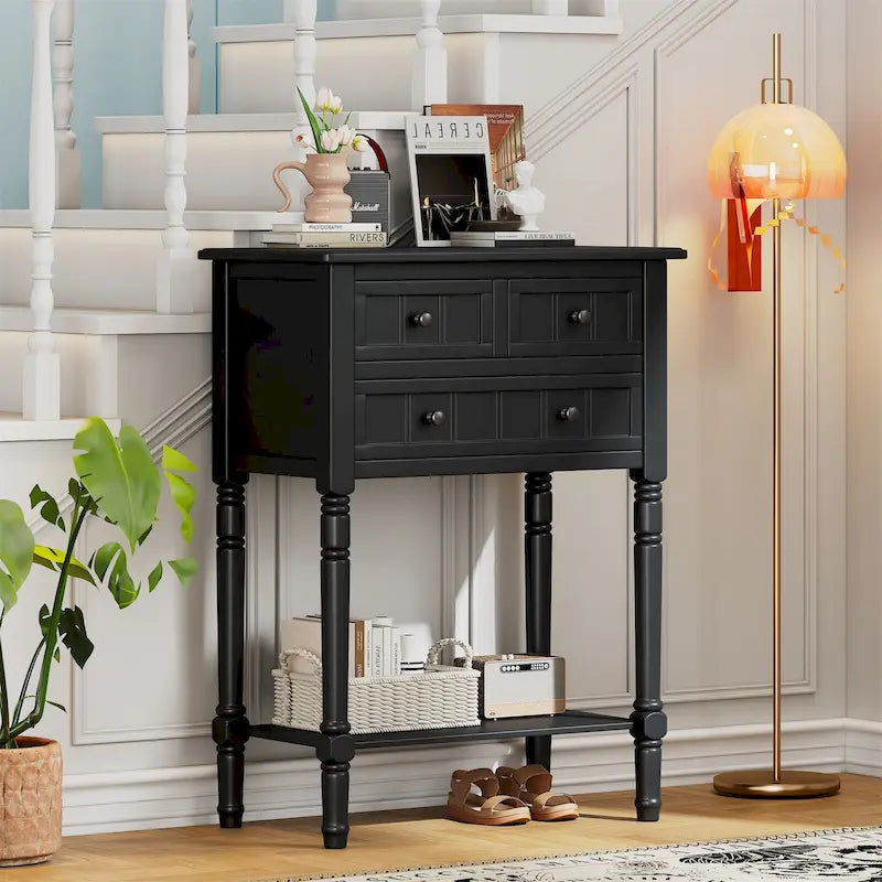 TIROIRS MULTIFONCTIONS ET ÉTAGÈRE INFÉRIEURE : Table console étroite