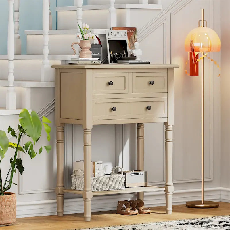 TIROIRS MULTIFONCTIONS ET ÉTAGÈRE INFÉRIEURE : Table console étroite