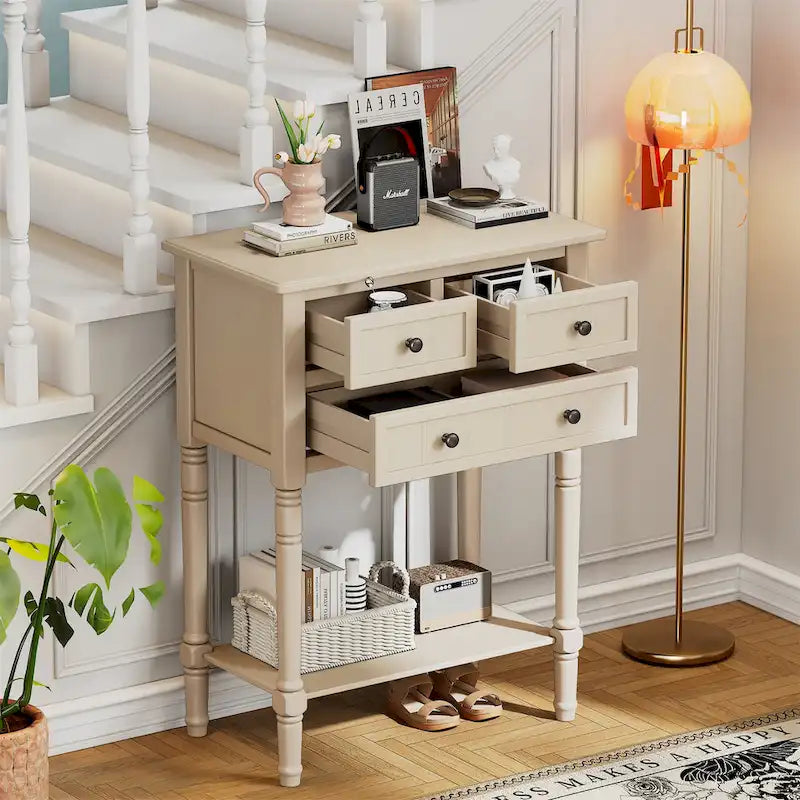 TIROIRS MULTIFONCTIONS ET ÉTAGÈRE INFÉRIEURE : Table console étroite