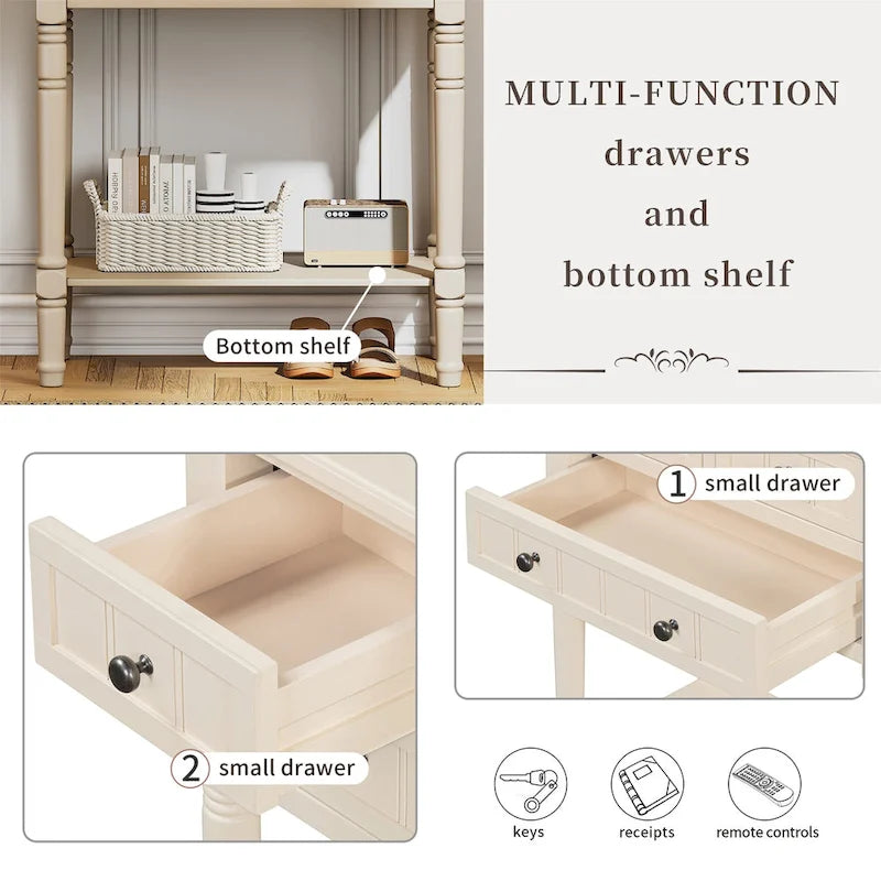 TIROIRS MULTIFONCTIONS ET ÉTAGÈRE INFÉRIEURE : Table console étroite