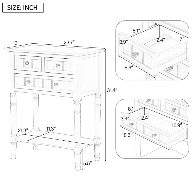 TIROIRS MULTIFONCTIONS ET ÉTAGÈRE INFÉRIEURE : Table console étroite