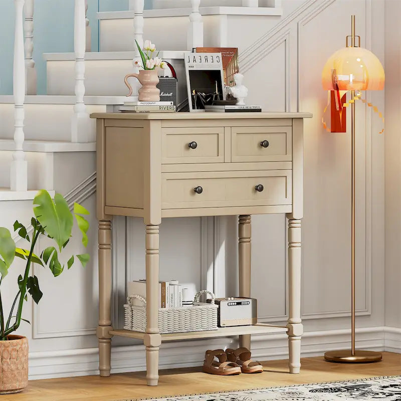 TIROIRS MULTIFONCTIONS ET ÉTAGÈRE INFÉRIEURE : Table console étroite