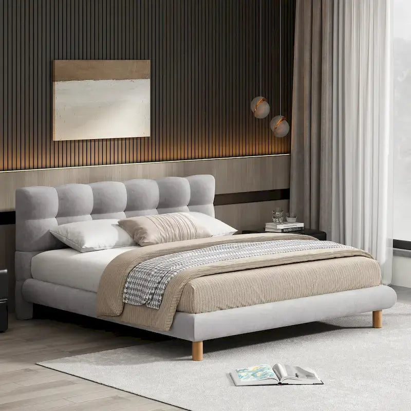 Lit plateforme rembourré moderne avec tête de lit capitonnée en forme de biscuit pour chambre d'amis et chambre à coucher