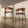 Tabourets de comptoir rembourrés en PU, chaises hauteur bar avec structure en fer, dossier, repose-pieds et accoudoirs, marron