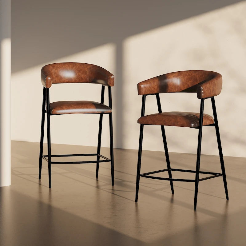 Tabourets de comptoir rembourrés en PU, chaises hauteur bar avec structure en fer, dossier, repose-pieds et accoudoirs, marron