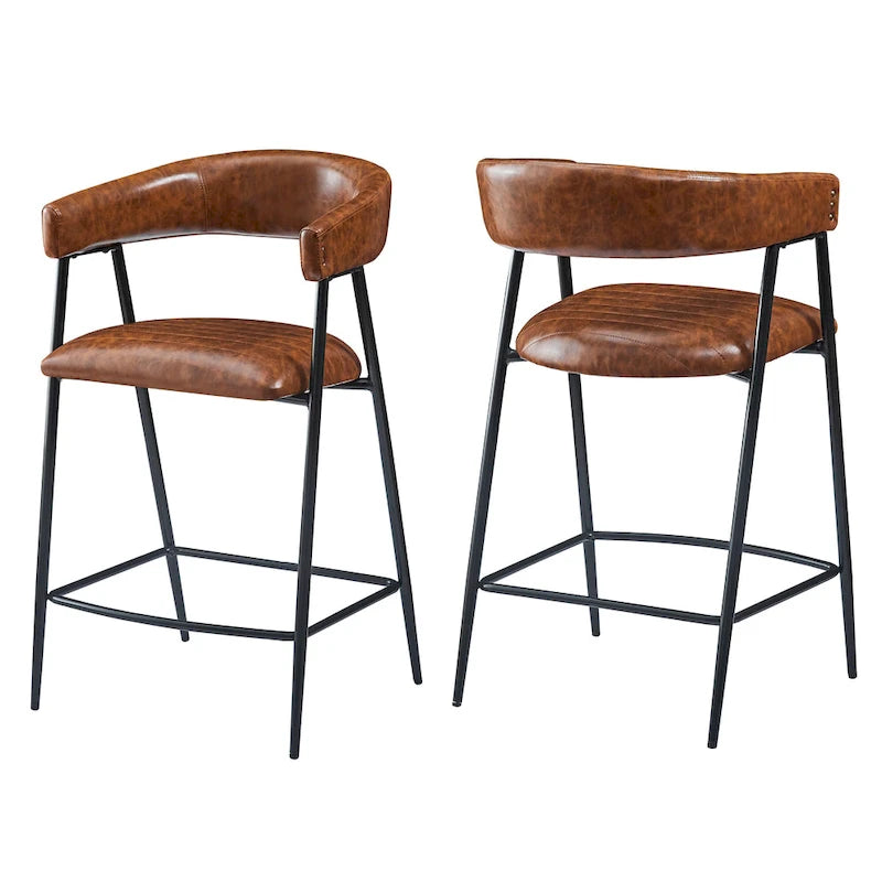 Tabourets de comptoir rembourrés en PU, chaises hauteur bar avec structure en fer, dossier, repose-pieds et accoudoirs, marron