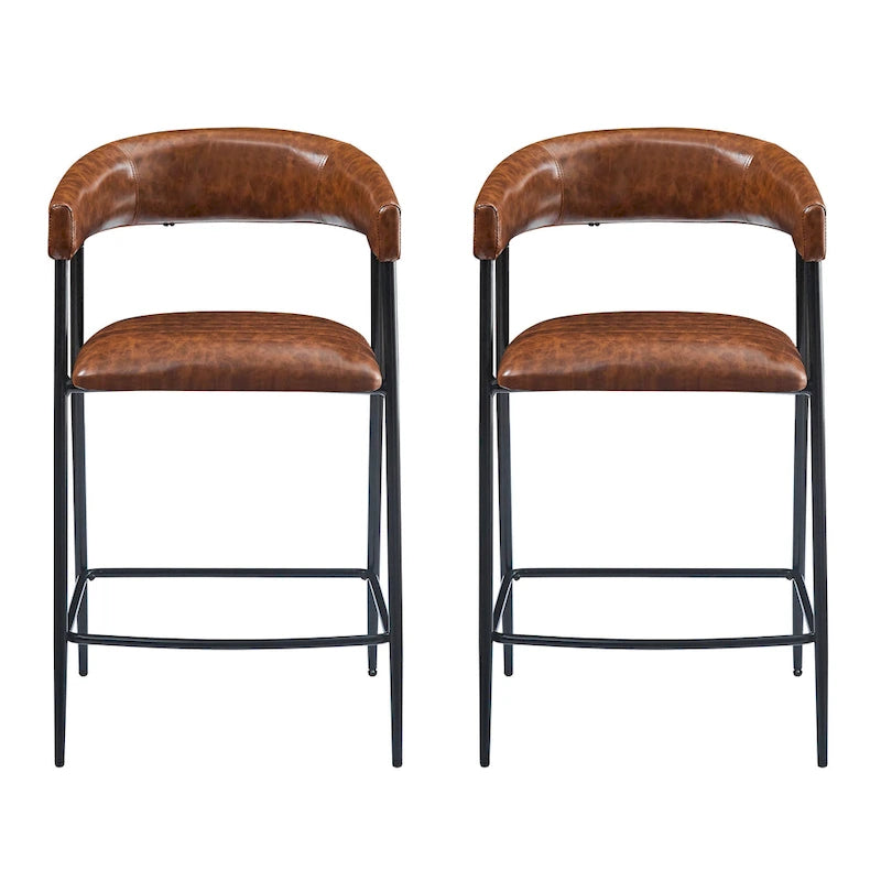 Tabourets de comptoir rembourrés en PU, chaises hauteur bar avec structure en fer, dossier, repose-pieds et accoudoirs, marron