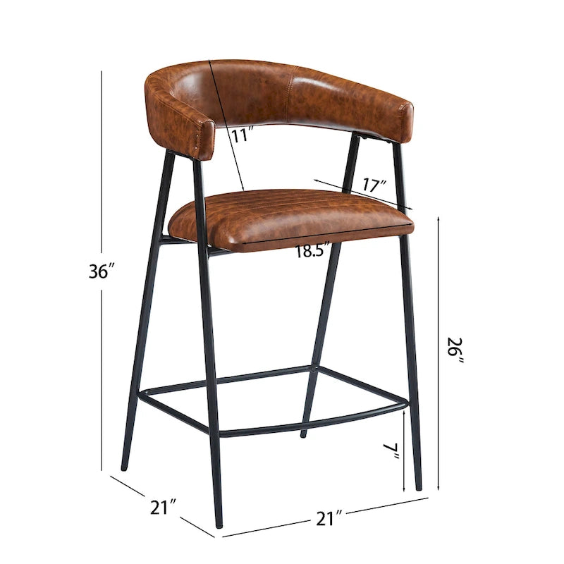 Tabourets de comptoir rembourrés en PU, chaises hauteur bar avec structure en fer, dossier, repose-pieds et accoudoirs, marron