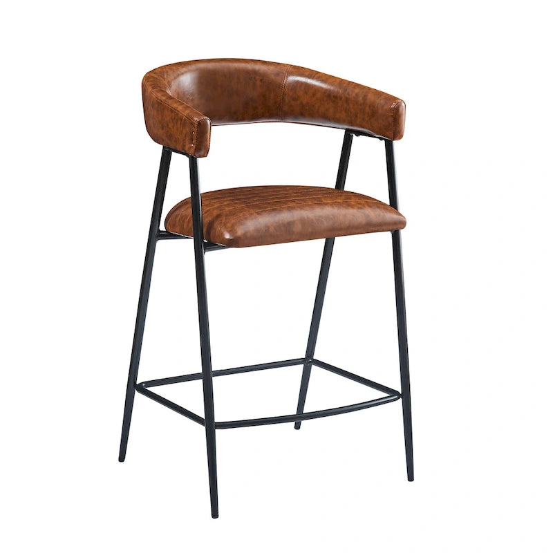 Tabourets de comptoir rembourrés en PU, chaises hauteur bar avec structure en fer, dossier, repose-pieds et accoudoirs, marron