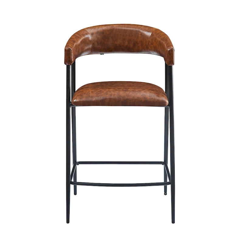 Tabourets de comptoir rembourrés en PU, chaises hauteur bar avec structure en fer, dossier, repose-pieds et accoudoirs, marron