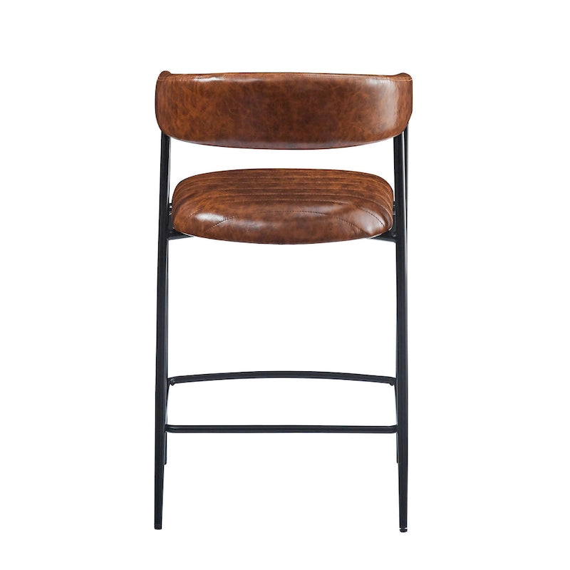 Tabourets de comptoir rembourrés en PU, chaises hauteur bar avec structure en fer, dossier, repose-pieds et accoudoirs, marron