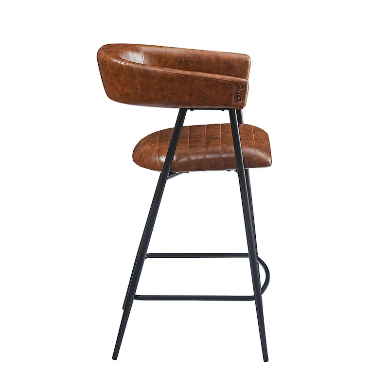 Tabourets de comptoir rembourrés en PU, chaises hauteur bar avec structure en fer, dossier, repose-pieds et accoudoirs, marron