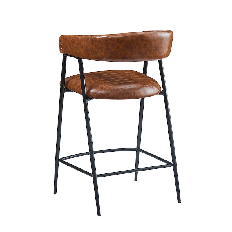 Tabourets de comptoir rembourrés en PU, chaises hauteur bar avec structure en fer, dossier, repose-pieds et accoudoirs, marron