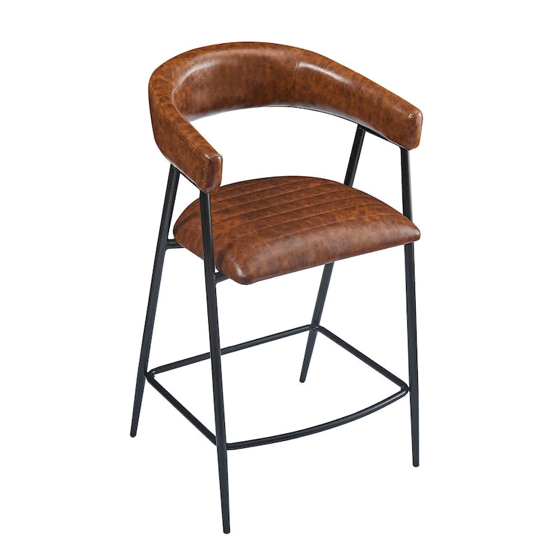 Tabourets de comptoir rembourrés en PU, chaises hauteur bar avec structure en fer, dossier, repose-pieds et accoudoirs, marron