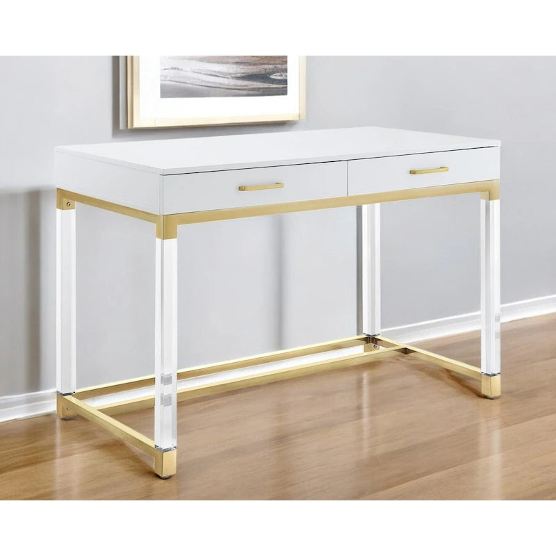 48 Bureau blanc transparent et doré en bois, acrylique et acier inoxydable avec deux tiroirs