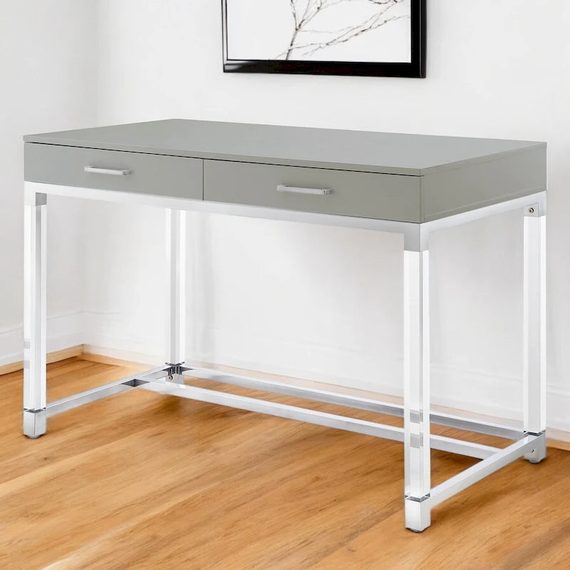48 Bureau blanc transparent et doré en bois, acrylique et acier inoxydable avec deux tiroirs