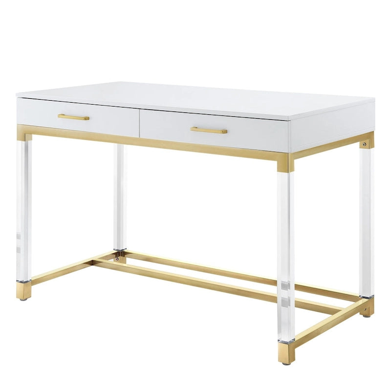 48 Bureau blanc transparent et doré en bois, acrylique et acier inoxydable avec deux tiroirs