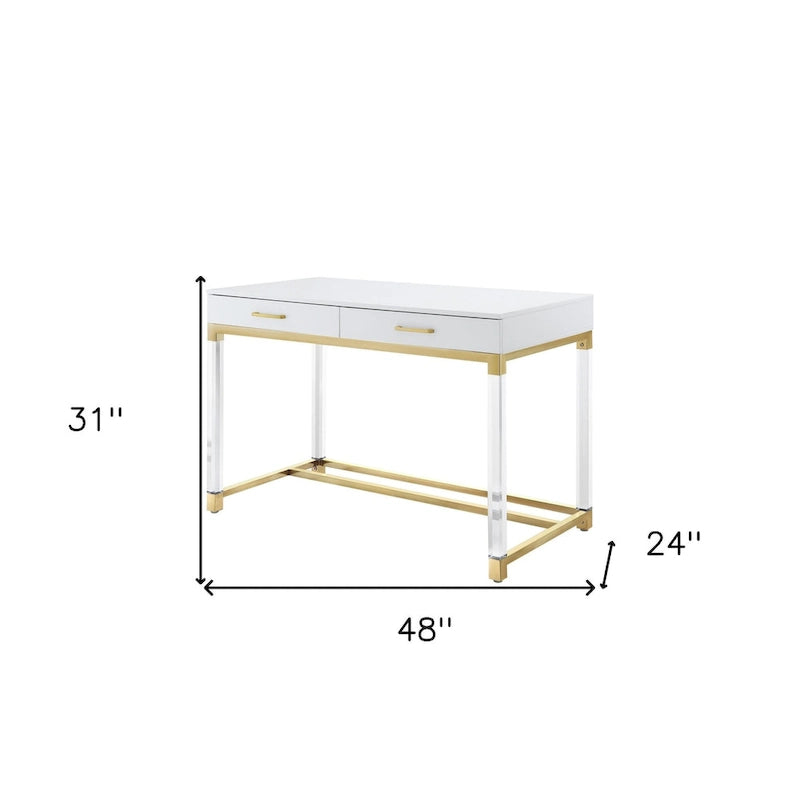 48 Bureau blanc transparent et doré en bois, acrylique et acier inoxydable avec deux tiroirs