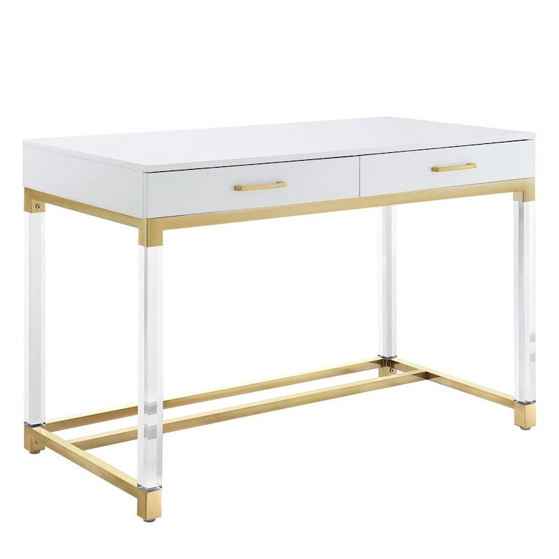48 Bureau blanc transparent et doré en bois, acrylique et acier inoxydable avec deux tiroirs