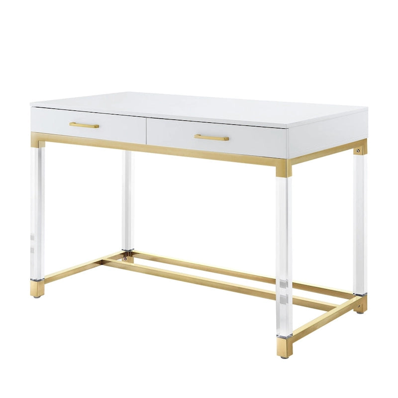 48 Bureau blanc transparent et doré en bois, acrylique et acier inoxydable avec deux tiroirs