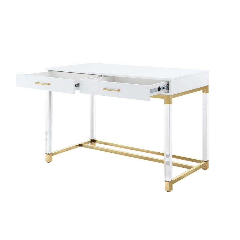48 Bureau blanc transparent et doré en bois, acrylique et acier inoxydable avec deux tiroirs
