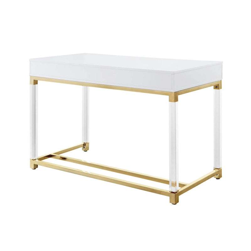 48 Bureau blanc transparent et doré en bois, acrylique et acier inoxydable avec deux tiroirs