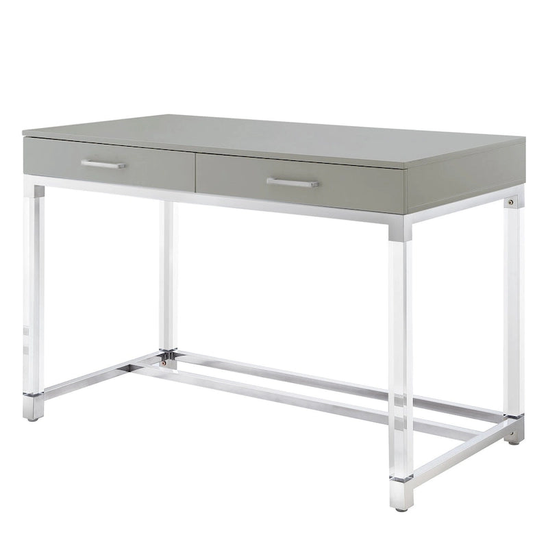 48 Bureau blanc transparent et doré en bois, acrylique et acier inoxydable avec deux tiroirs