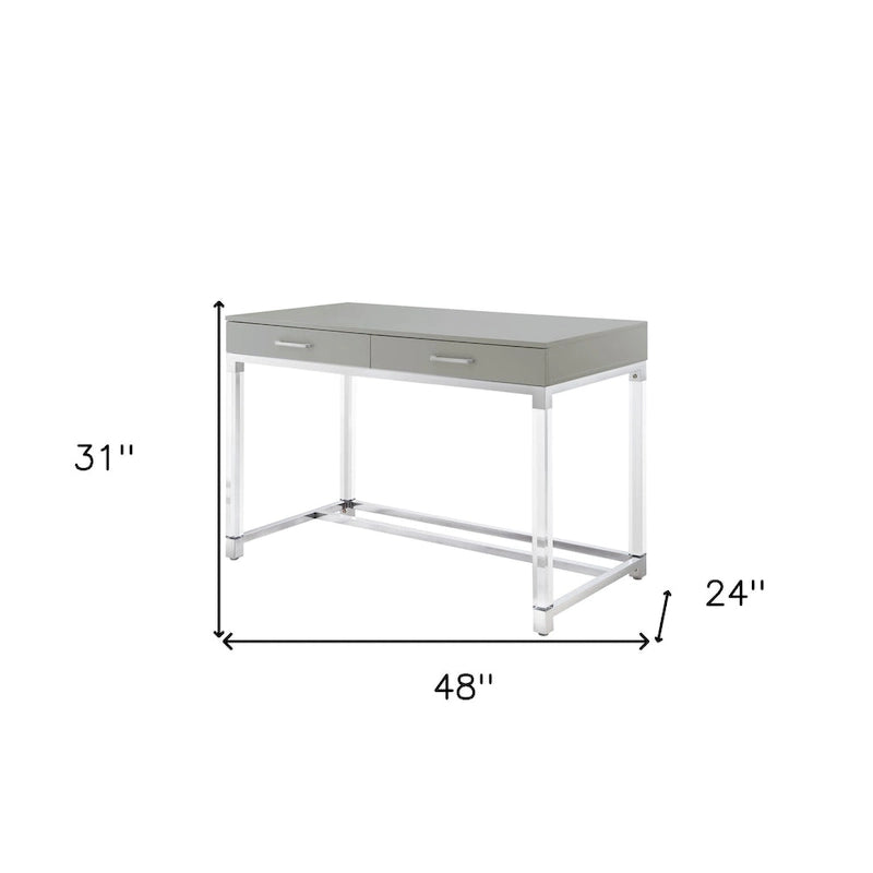 48 Bureau blanc transparent et doré en bois, acrylique et acier inoxydable avec deux tiroirs