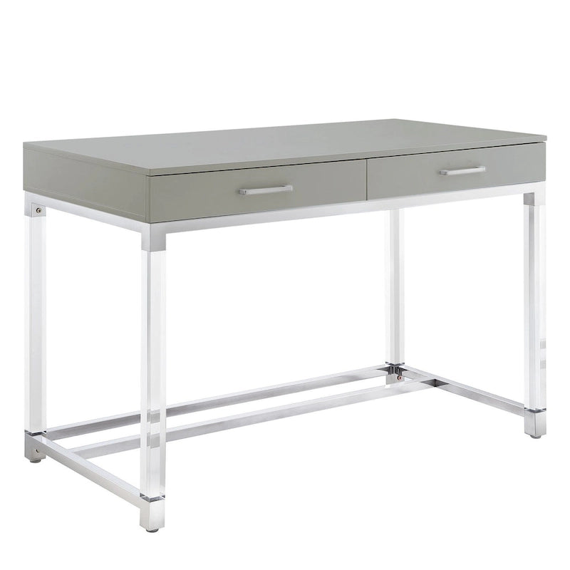 48 Bureau blanc transparent et doré en bois, acrylique et acier inoxydable avec deux tiroirs