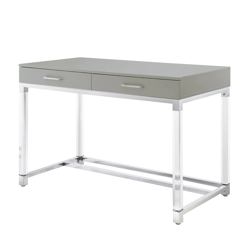 48 Bureau blanc transparent et doré en bois, acrylique et acier inoxydable avec deux tiroirs
