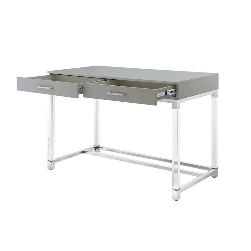 48 Bureau blanc transparent et doré en bois, acrylique et acier inoxydable avec deux tiroirs