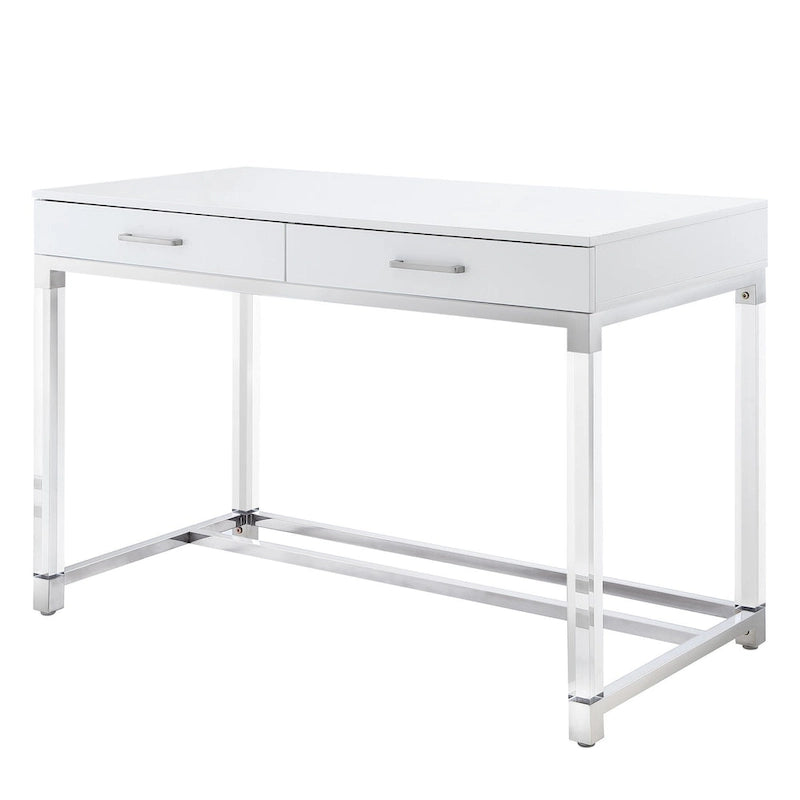48 Bureau blanc transparent et doré en bois, acrylique et acier inoxydable avec deux tiroirs