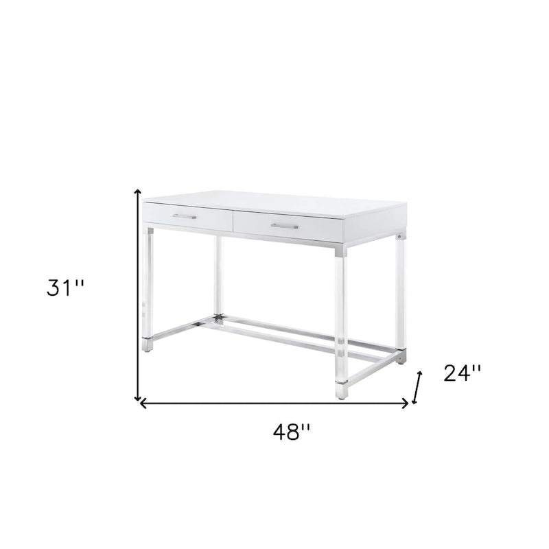 48 Bureau blanc transparent et doré en bois, acrylique et acier inoxydable avec deux tiroirs