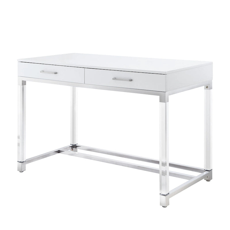 48 Bureau blanc transparent et doré en bois, acrylique et acier inoxydable avec deux tiroirs