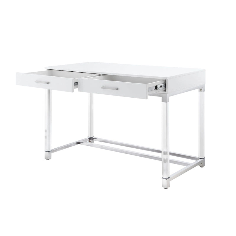 48 Bureau blanc transparent et doré en bois, acrylique et acier inoxydable avec deux tiroirs