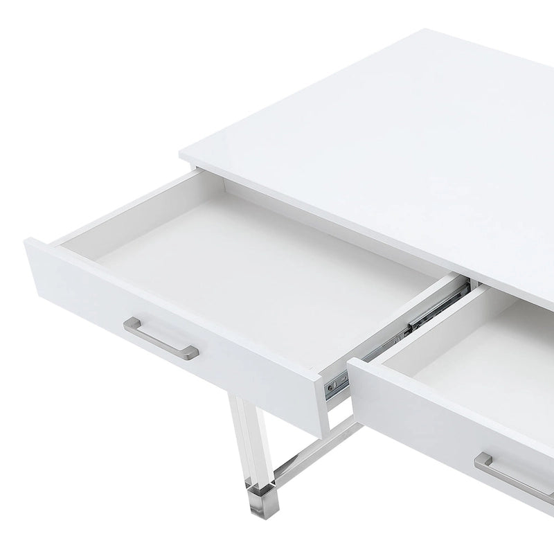 48 Bureau blanc transparent et doré en bois, acrylique et acier inoxydable avec deux tiroirs