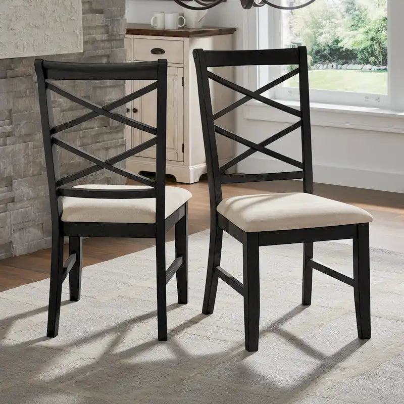 Chaise de salle à manger en bois avec dossier en croix double et tissu couleur sable