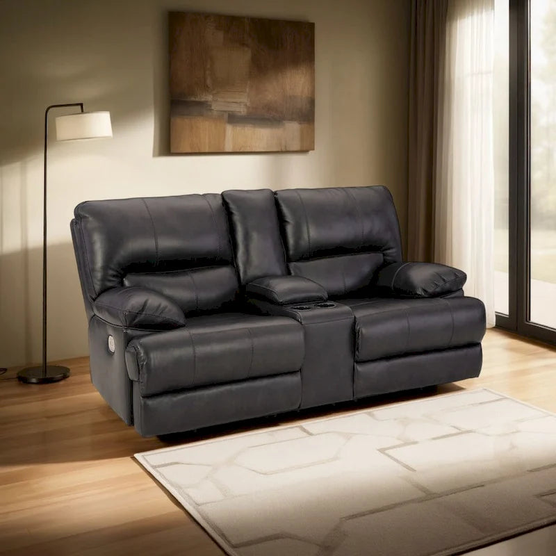 Monto Power Recliner Loveseat, Black Leather, Cupholders, 82 Inch