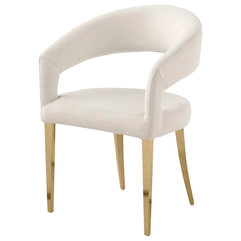 Chaise de salle à manger, dossier ouvert incurvé, pieds dorés, tissu blanc