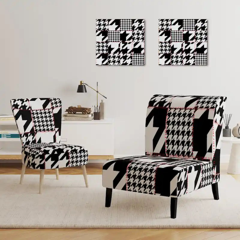 Fauteuil d'appoint style Mid-Century en tissu à motif pied-de-poule classique