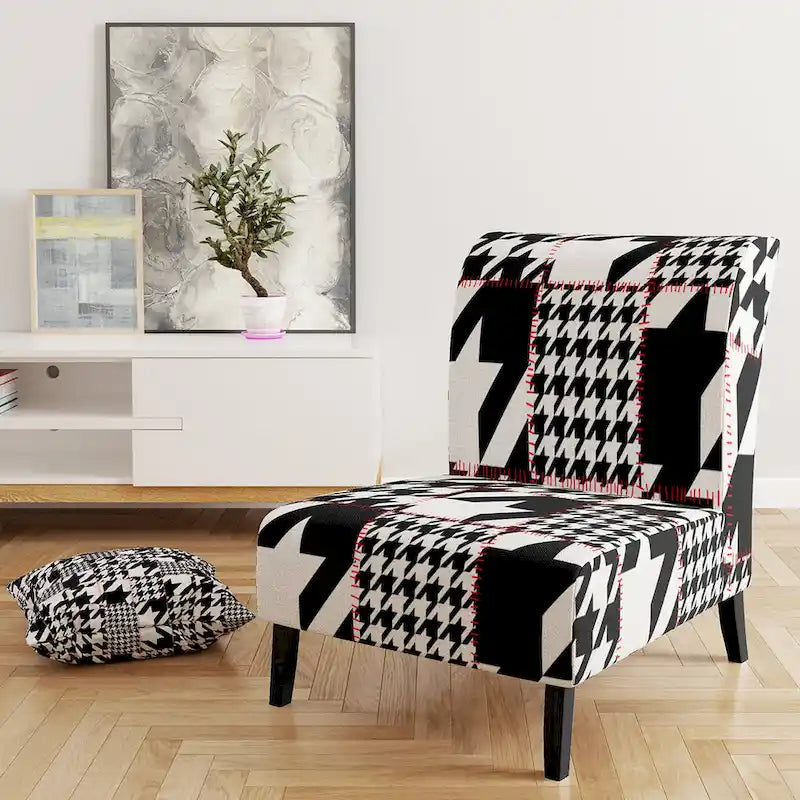 Fauteuil d'appoint style Mid-Century en tissu à motif pied-de-poule classique