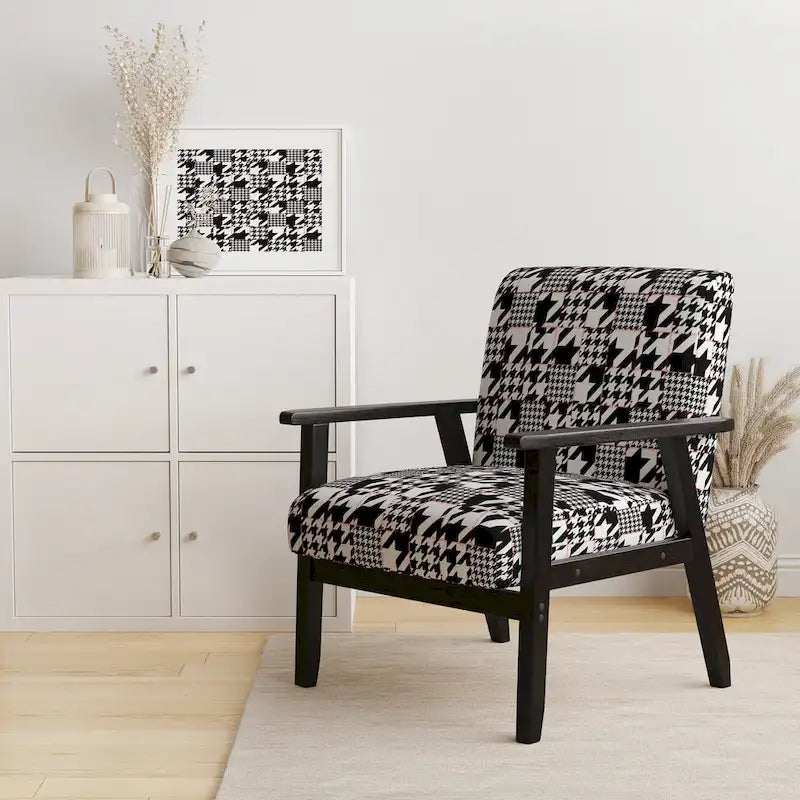 Fauteuil d'appoint style Mid-Century en tissu à motif pied-de-poule classique