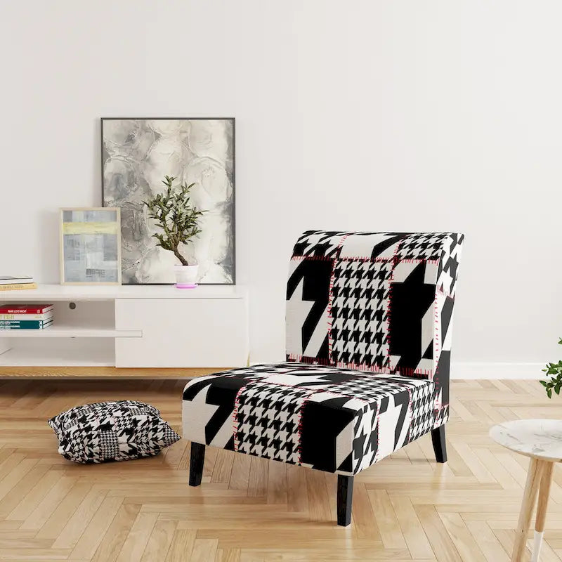 Fauteuil d'appoint style Mid-Century en tissu à motif pied-de-poule classique